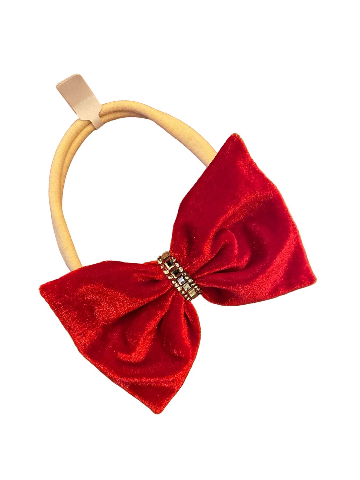 Red Velvet Hair Bow on Headband, girl, holiday, stretch, rhinestones