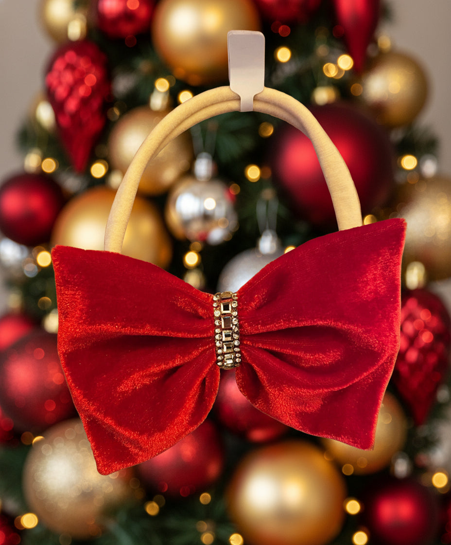 Red Velvet Hair Bow on Headband, girl, holiday, stretch, rhinestones