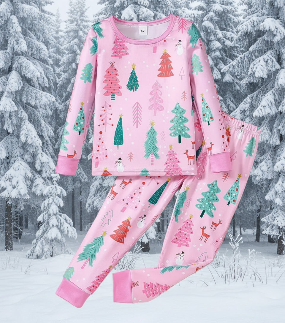 Pink Holiday Tree Pajamas, girl, Winter