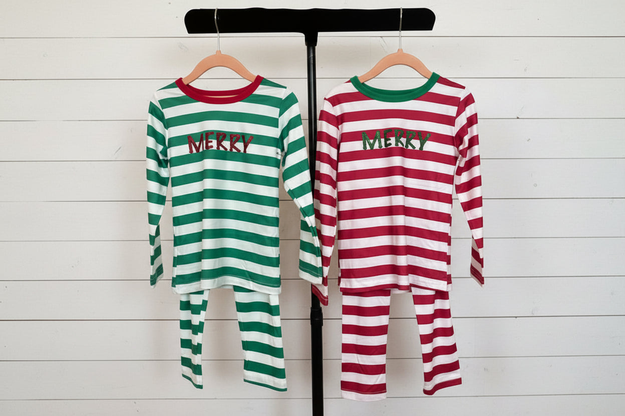 Holiday Striped Merry Pajamas, unisex, green, red, kids / SALE