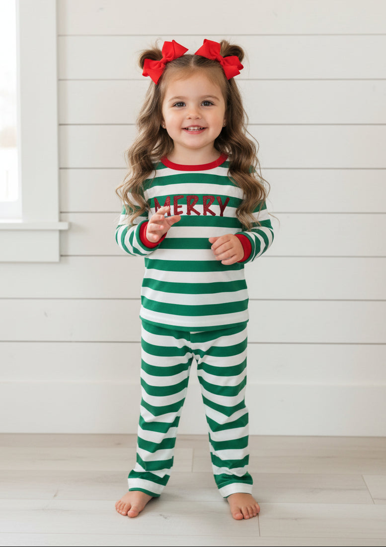 Holiday Striped Merry Pajamas, unisex, green, red, kids / SALE
