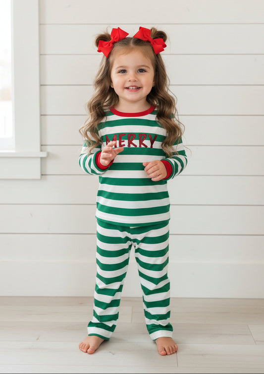Holiday Striped Merry Pajamas, unisex, green, red, kids