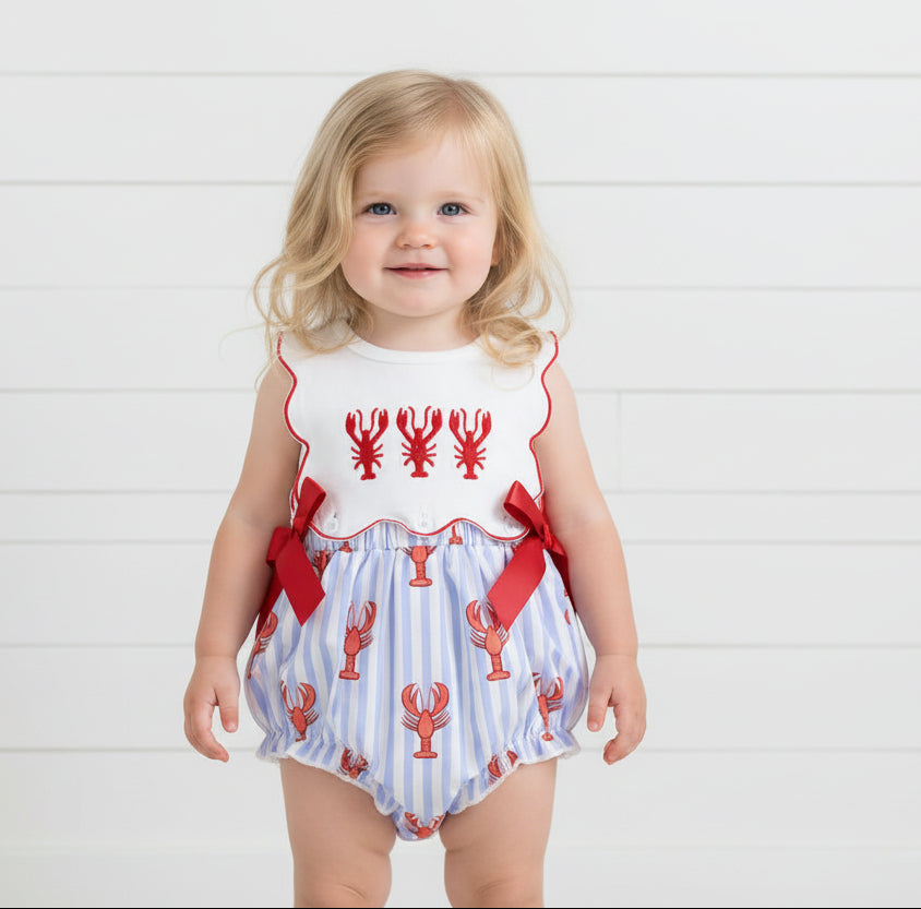 Blue Pinstripe Embroidered Lobster Bibbed Romper, girl