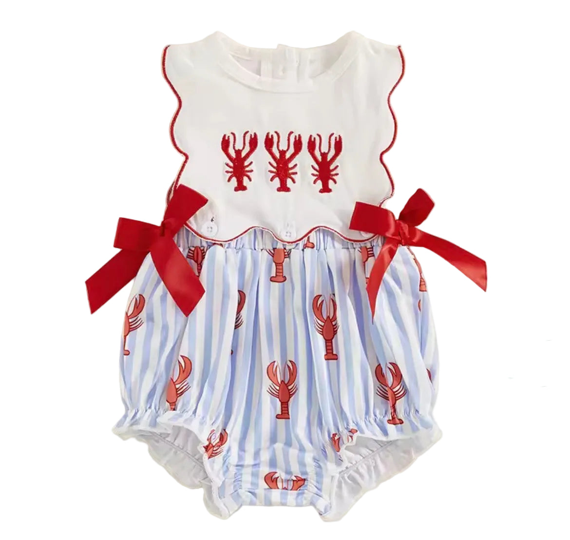 Blue Pinstripe Embroidered Lobster Bibbed Romper, girl