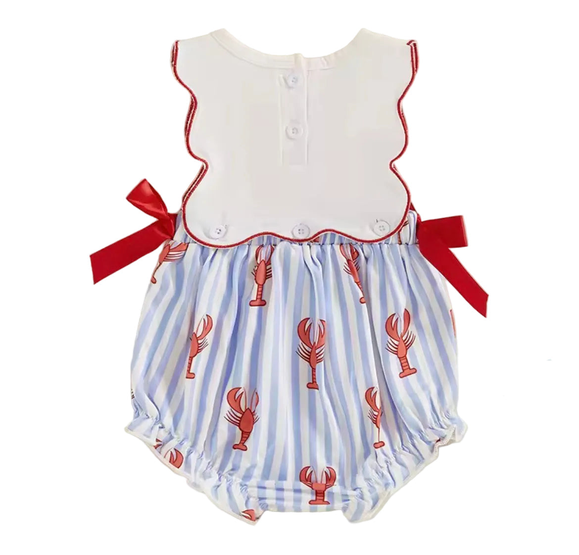 Blue Pinstripe Embroidered Lobster Bibbed Romper, girl