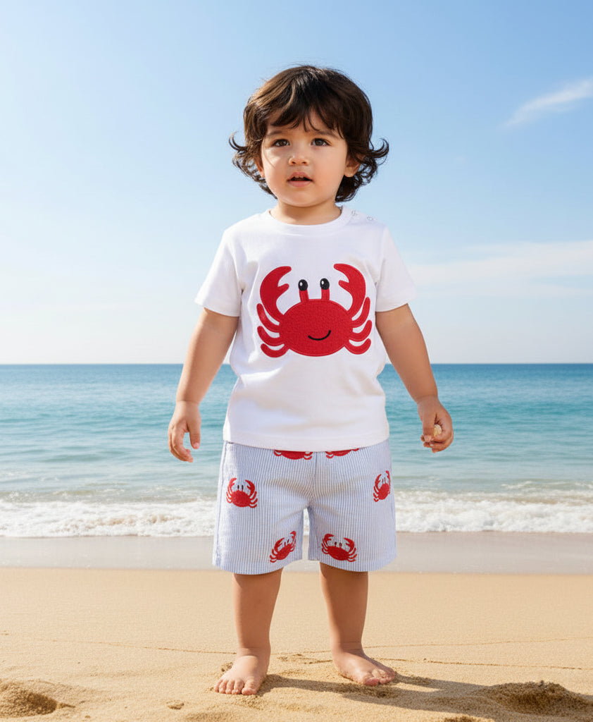 Crab Short Set, embroidered, outfit, Spring, boy