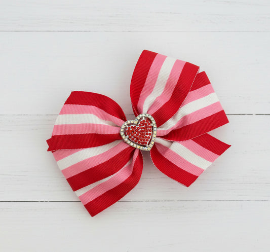 Striped Heart Hair Bow, girl, holiday, Valentine's, clip