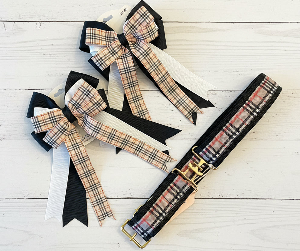 Equestrian Hair Bow, Tail Bow, Horse Show, Black, White, Tartan Plaid, Single, Set