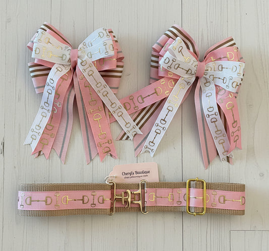 Equestrian Pink & Tan Hair Bow & Belt, Adjustable, gift, horse show, girl, teen, women