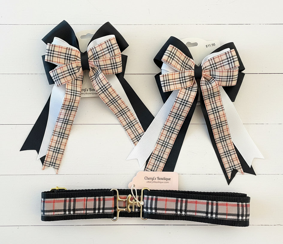 Equestrian Hair Bow, Tail Bow, Horse Show, Black, White, Tartan Plaid, Single, Set