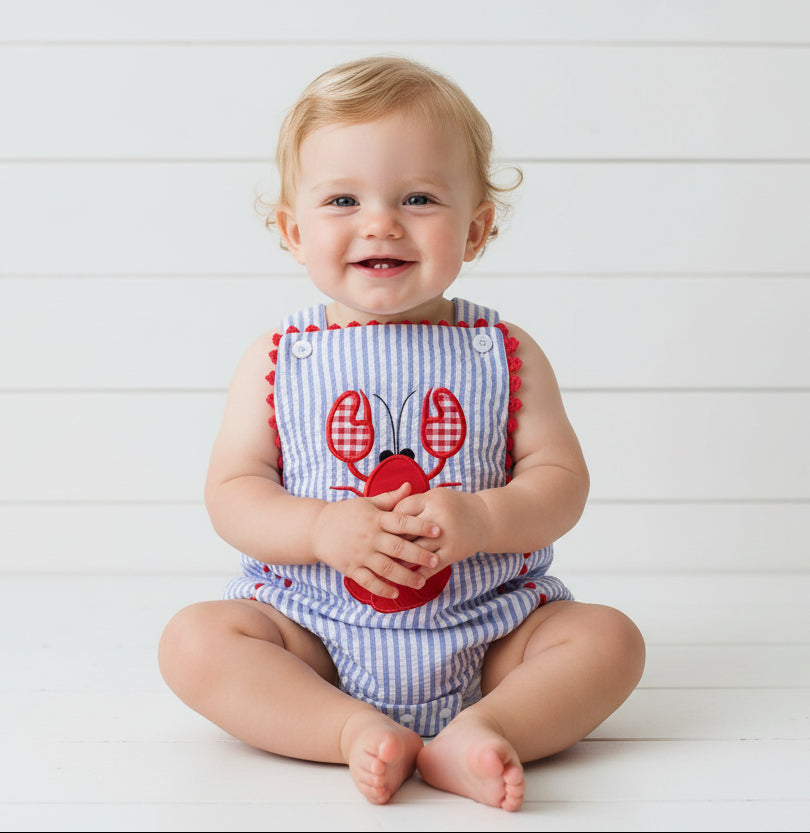 Blue Pinstripe Embroidered Lobster Bubble Romper, boy, girl