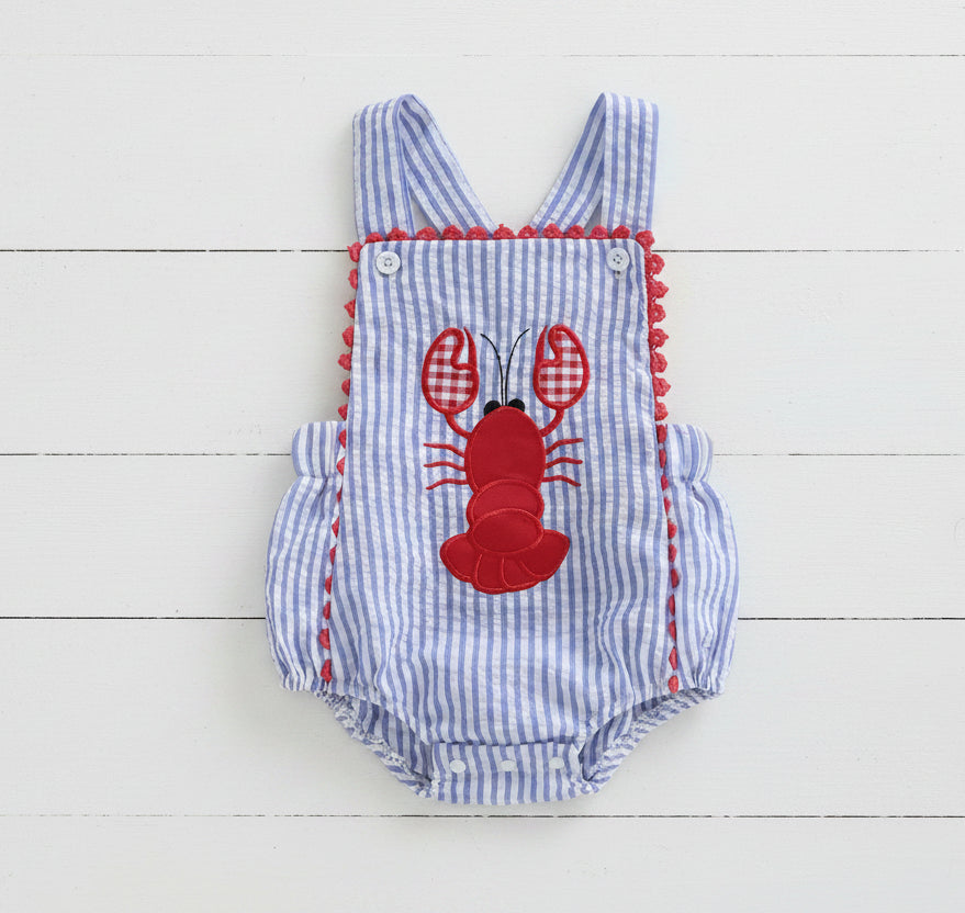 Blue Pinstripe Embroidered Lobster Bubble Romper, boy, girl