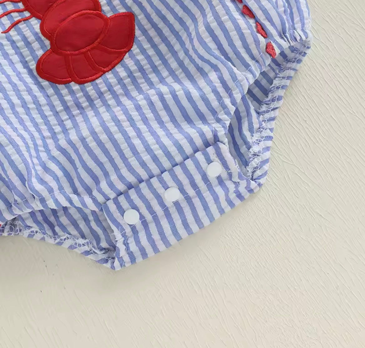 Blue Pinstripe Embroidered Lobster Bubble Romper, boy, girl