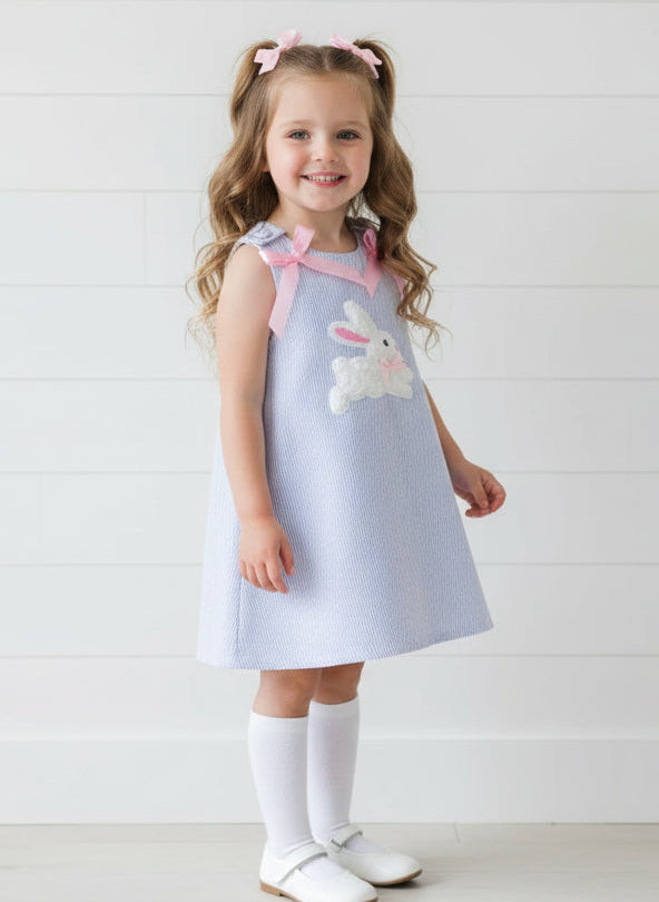 Blue Pinstripe Embroidered Bunny Dress, girl, kids, Easter