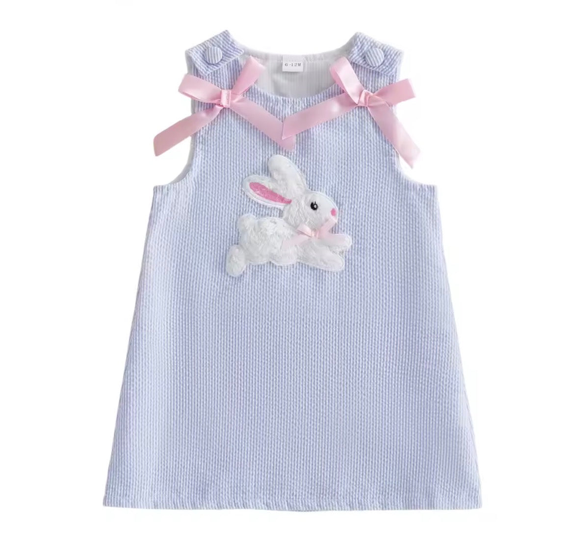 Blue Pinstripe Embroidered Bunny Dress, girl, kids, Easter