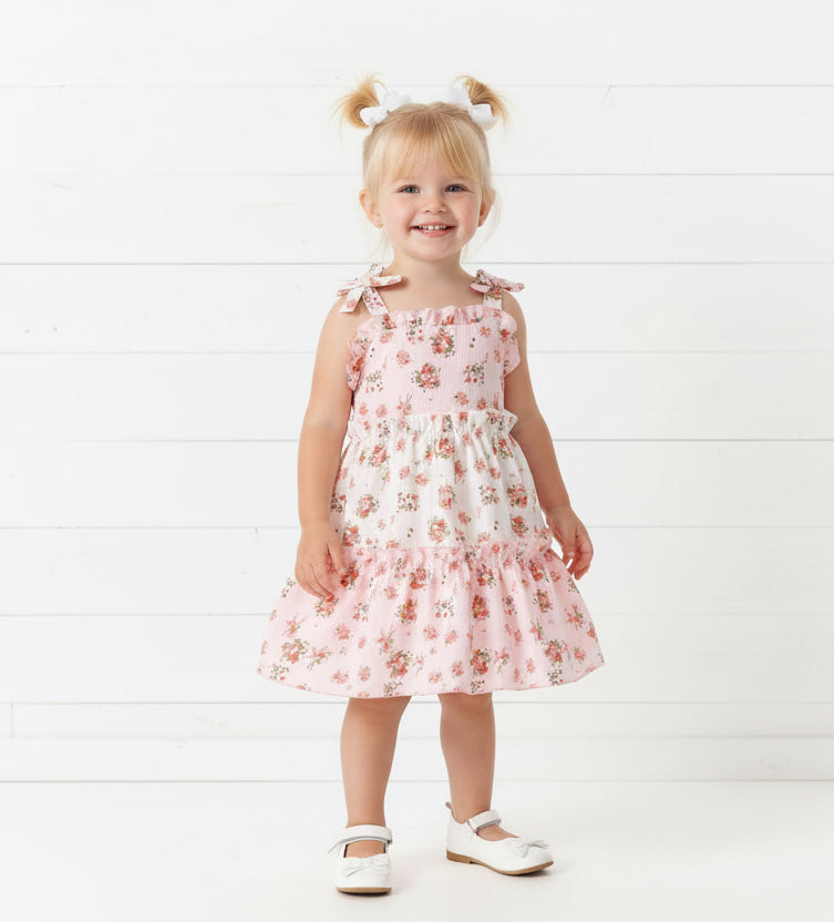 Cream & Pink Cottage Rose Layered Dress, girl, kids, Spring