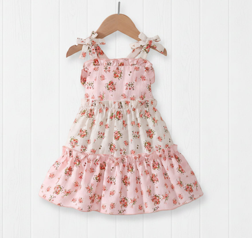 Cream & Pink Cottage Rose Layered Dress, girl, kids, Spring