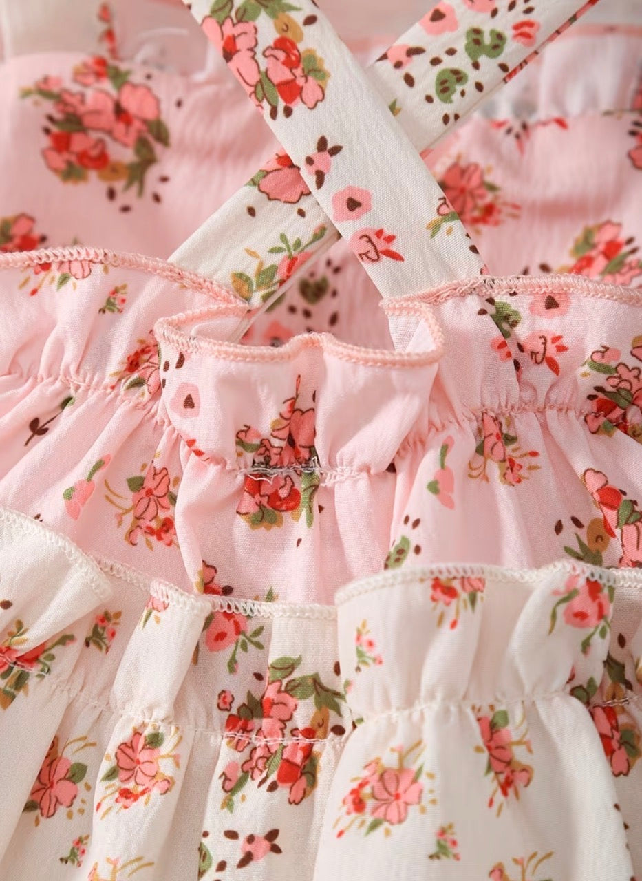 Cream & Pink Cottage Rose Layered Dress, girl, kids, Spring