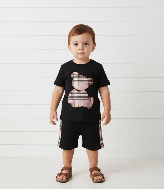 Black Tartan Plaid Bear Short Set, Spring/Summer Outfit, kids, clothing