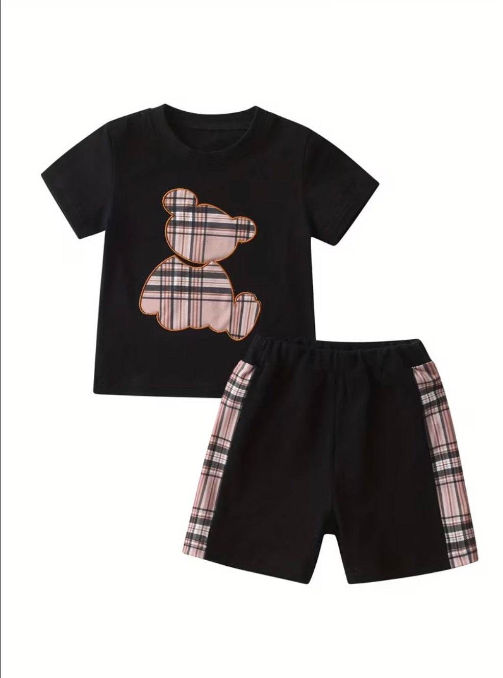 Black Tartan Plaid Bear Short Set, Spring/Summer Outfit, kids, clothing