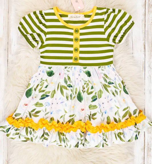 Flowers & Fern Twirl Dress, Olive Green & Yellow Stripes