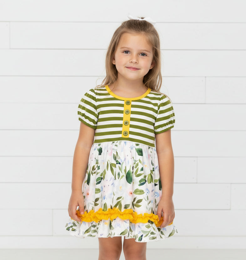 Flowers & Fern Twirl Dress, Olive Green & Yellow Stripes