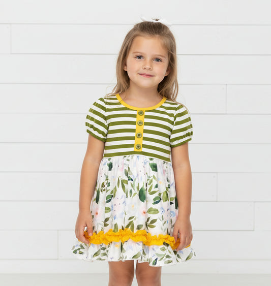 Flowers & Fern Twirl Dress, Olive Green & Yellow Stripes