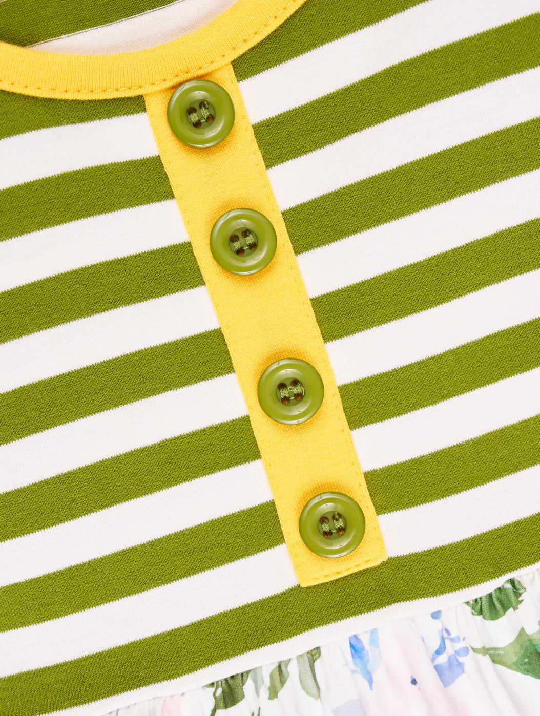 Flowers & Fern Twirl Dress, Olive Green & Yellow Stripes