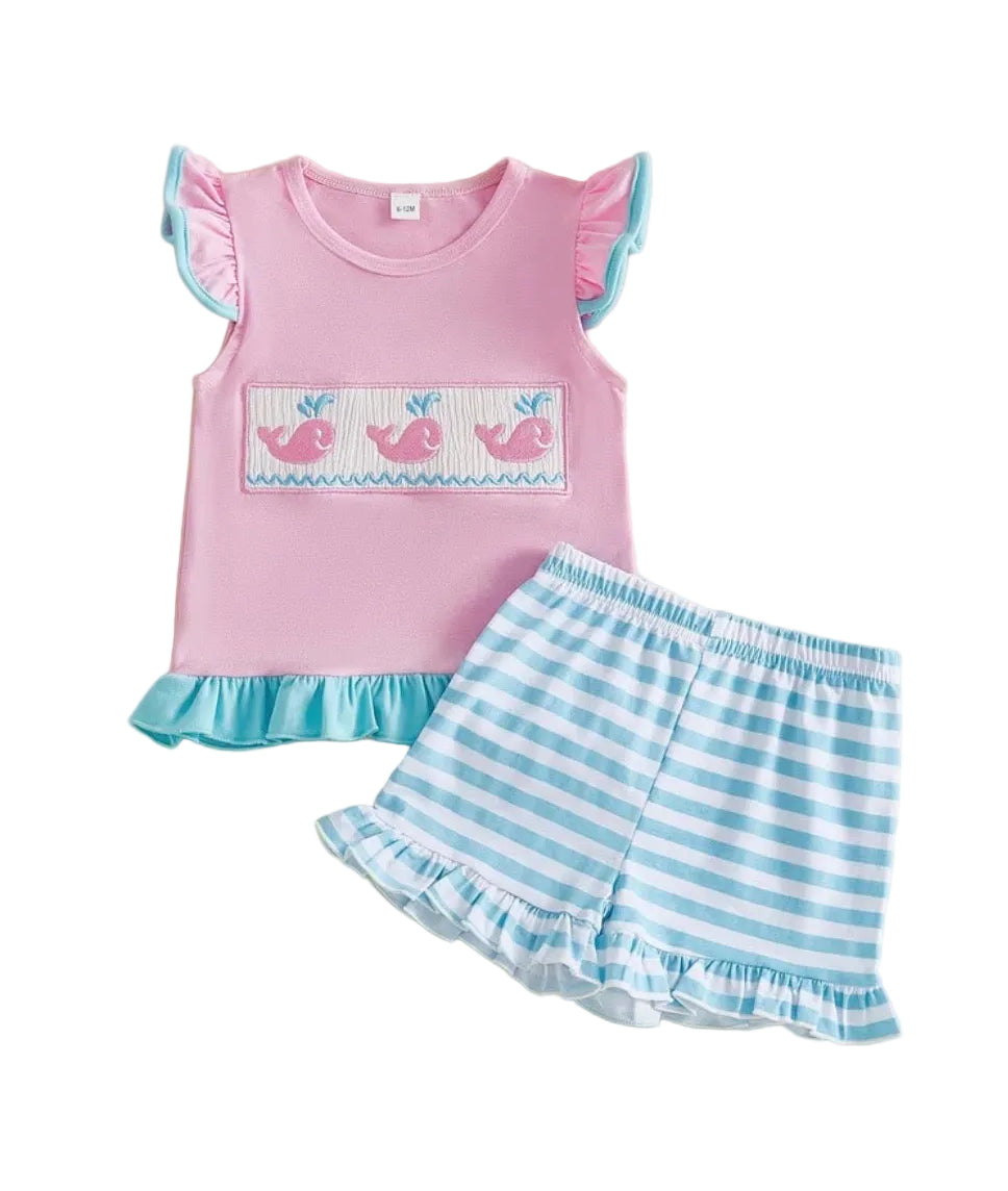 Pink & Blue Striped Whale Short Set, girls, Spring, Summer / COMING SOON