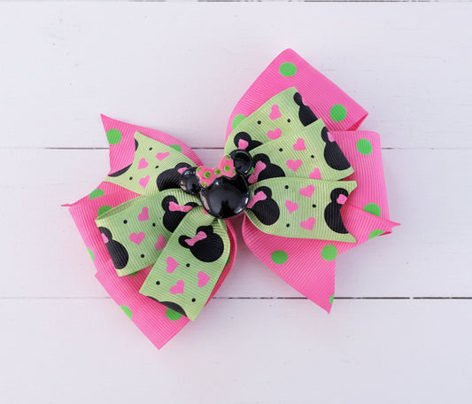 Green & Pink Polka Dot Minnie Hair Bow, clip, girl, Disney, mouse