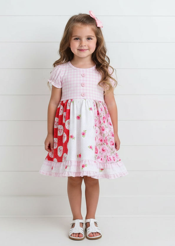 Pink Cabbage Rose Gingham Twirl Dress, Milk Silk, girls / SALE