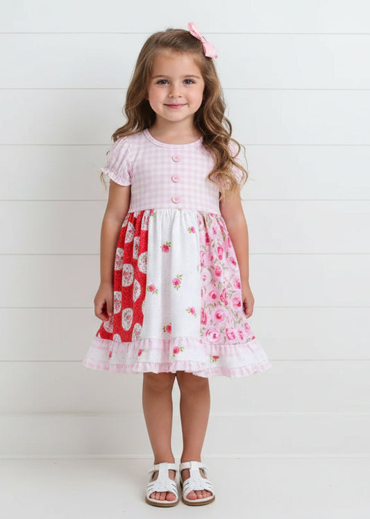 Pink Cabbage Rose Gingham Twirl Dress, Milk Silk, girls