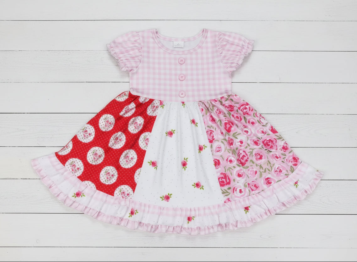 Pink Cabbage Rose Gingham Twirl Dress, Milk Silk, girls / SALE