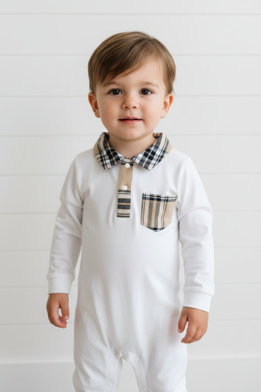 White Long Sleeve Plaid Trim Romper, kids, clothing, toddler, baby