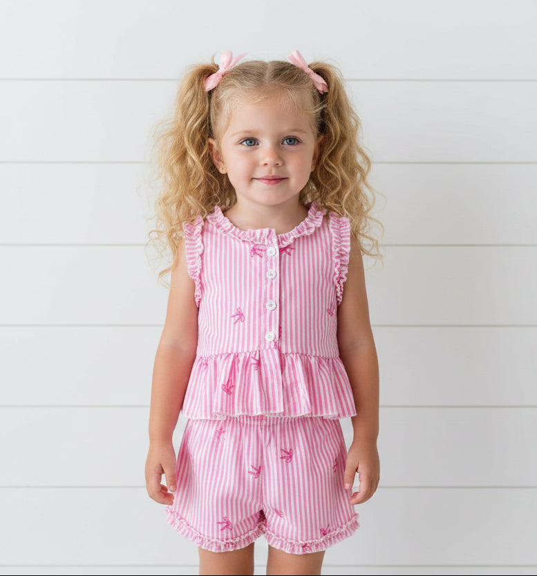 Pink Stripes Bow Short Set, girl, outfit, kids, Spring/Summer