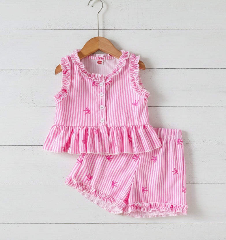 Pink Stripes Bow Short Set, girl, outfit, kids, Spring/Summer