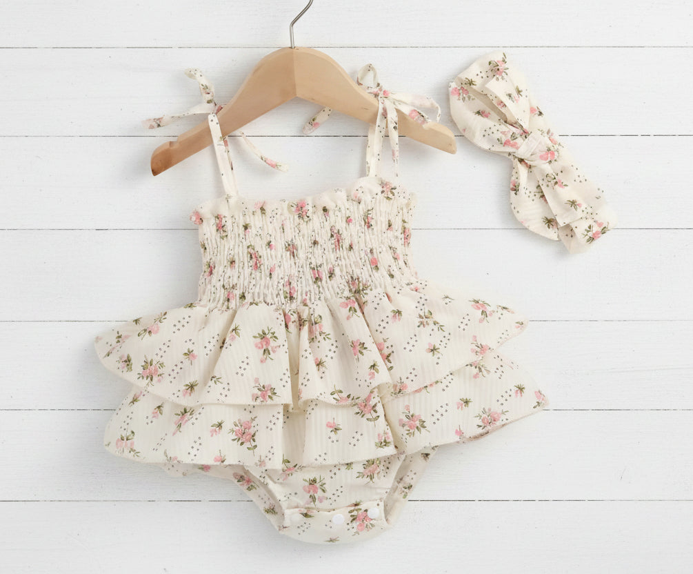 Cream Shabby Skirted Floral Romper, Bodysuit, dress, infant, baby, girl