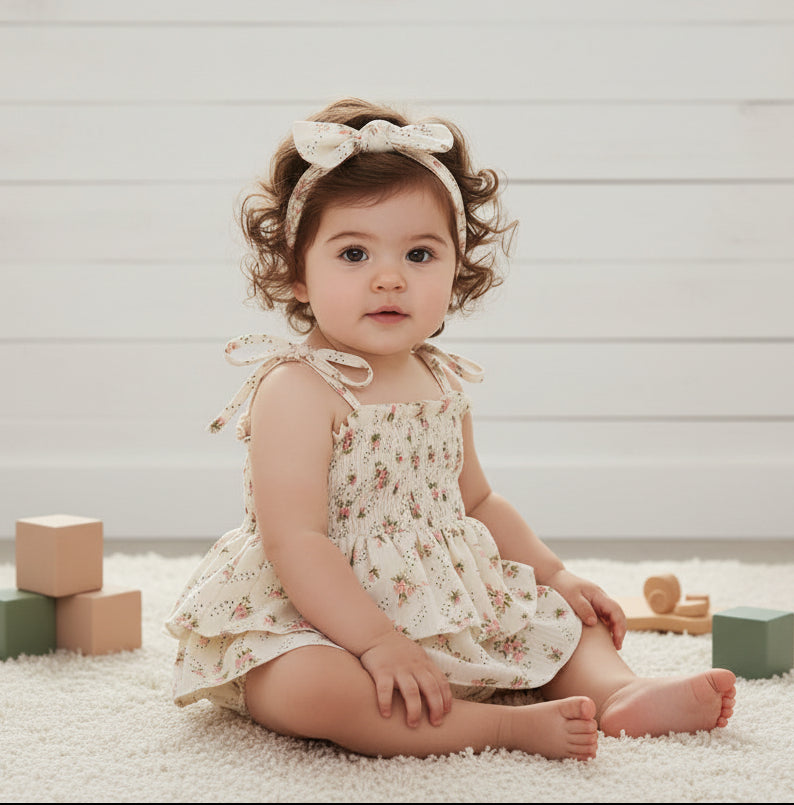 Cream Shabby Skirted Floral Romper, Bodysuit, dress, infant, baby, girl