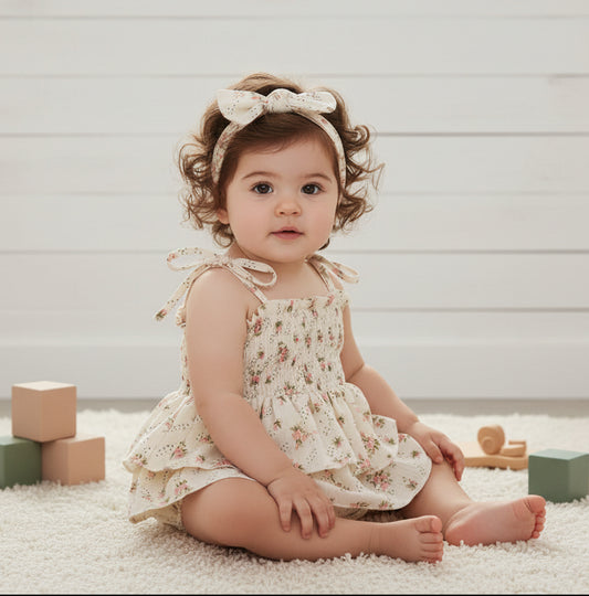 Cream Shabby Skirted Floral Romper, Bodysuit, dress, infant, baby, girl