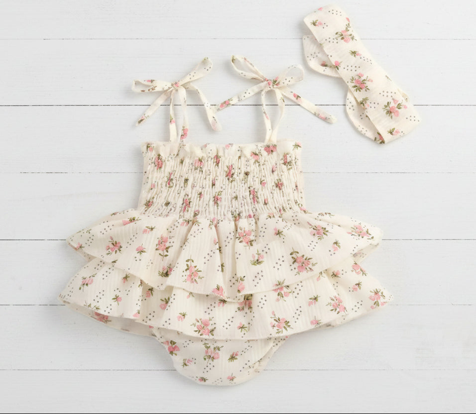 Cream Shabby Skirted Floral Romper, Bodysuit, dress, infant, baby, girl
