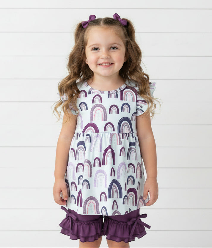 Purple Rainbows Ruffle Short Set, Boutique, girl, Spring