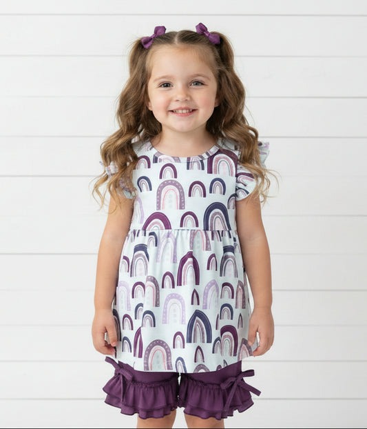 Purple Rainbows Ruffle Short Set, Boutique, girl, Spring