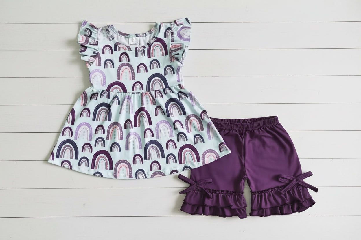 Purple Rainbows Ruffle Short Set, Boutique, girl, Spring