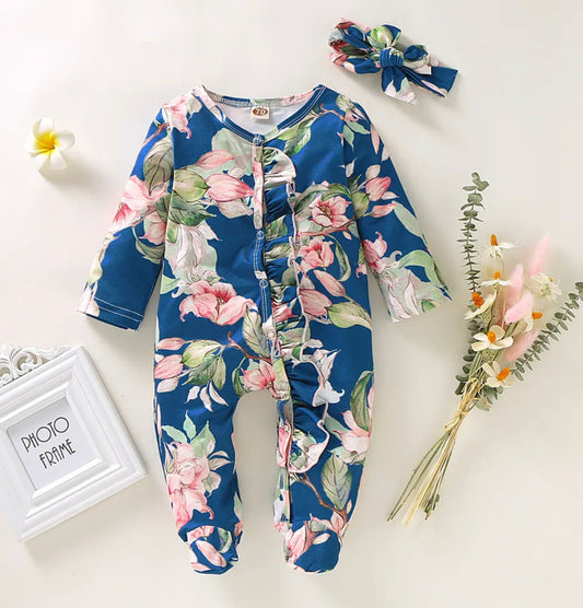 Blue Ruffle Romper w/Pink Roses, Baby, Infant