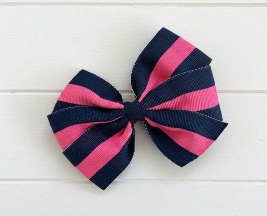 Navy & Raspberry Striped Hair Bow, preppy, clip, girl