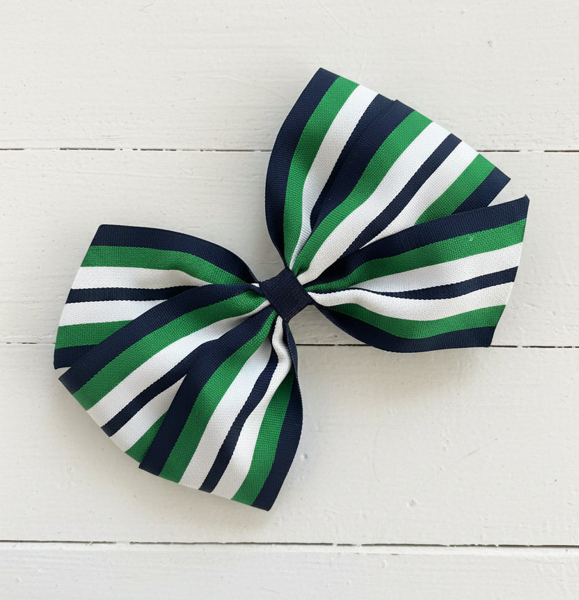 Navy & Green Striped Hair Bow, preppy, clip, girl, School