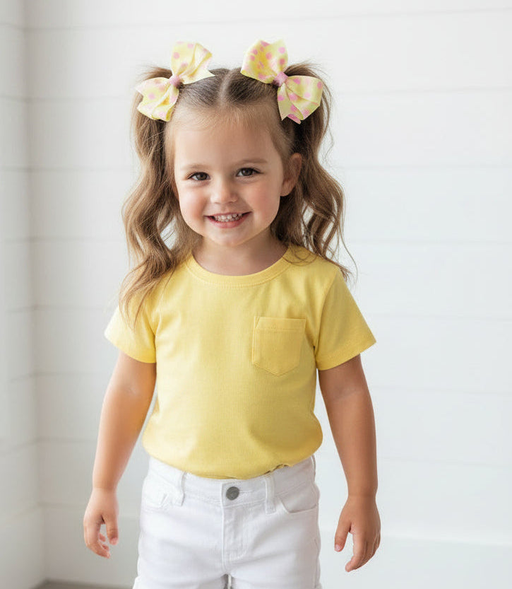 Small Yellow Polka Dot Hair Bow, girl, clip, pinwheel