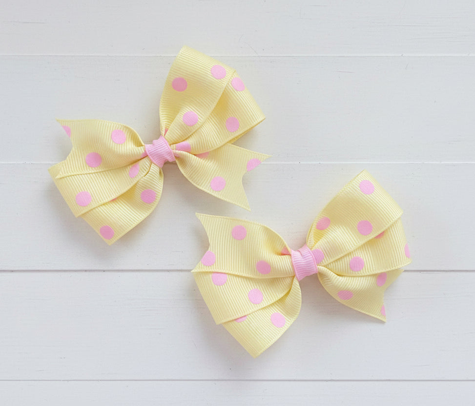 Small Yellow Polka Dot Hair Bow, girl, clip, pinwheel