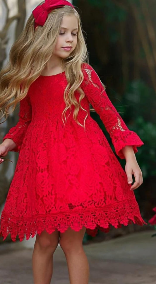 Red Lace Dress, Girl, Long Sleeve, holiday