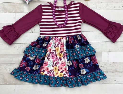 Purple Boutique Flower Ruffle Dress, Milk Silk, girl, long sleeve, kids